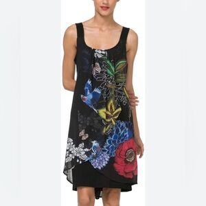 Desigual NWOT Dark Floral Novelty Bird Print Sleeveless Dress 4 Short Tropical